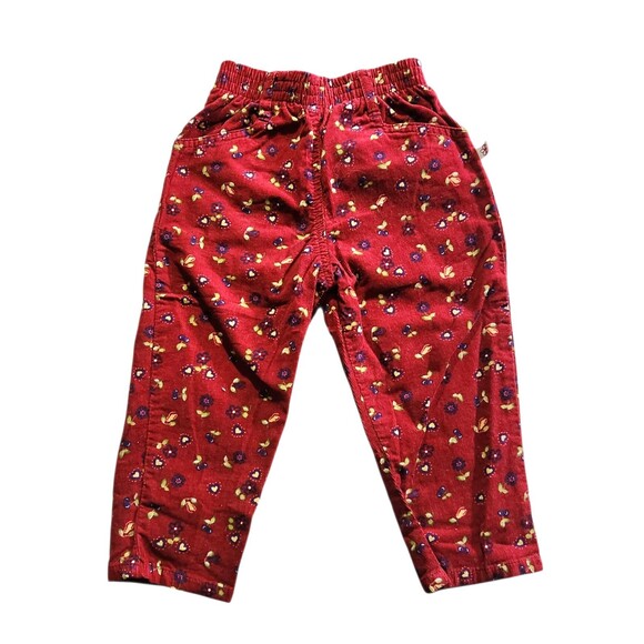 Vintage McKids Coduroy Pants Berry Red w/ Fruit Flowers Elastic Waist Size 2T - Picture 1 of 6